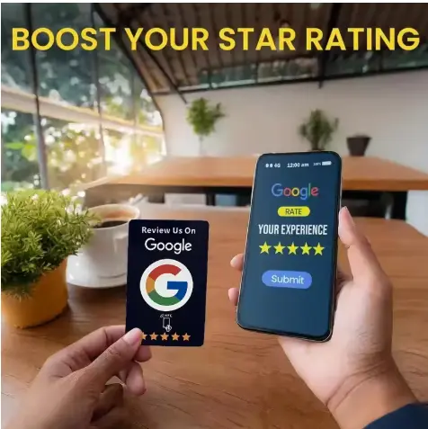 Customer tapping a phone on a Google review NFC card