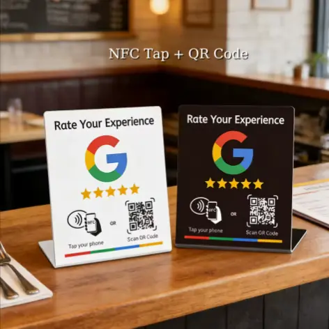 White and black Google review stands on a restaurant counter