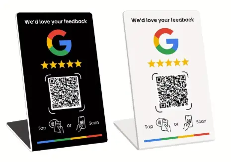 Black and white acrylic Google review stands with NFC and QR code