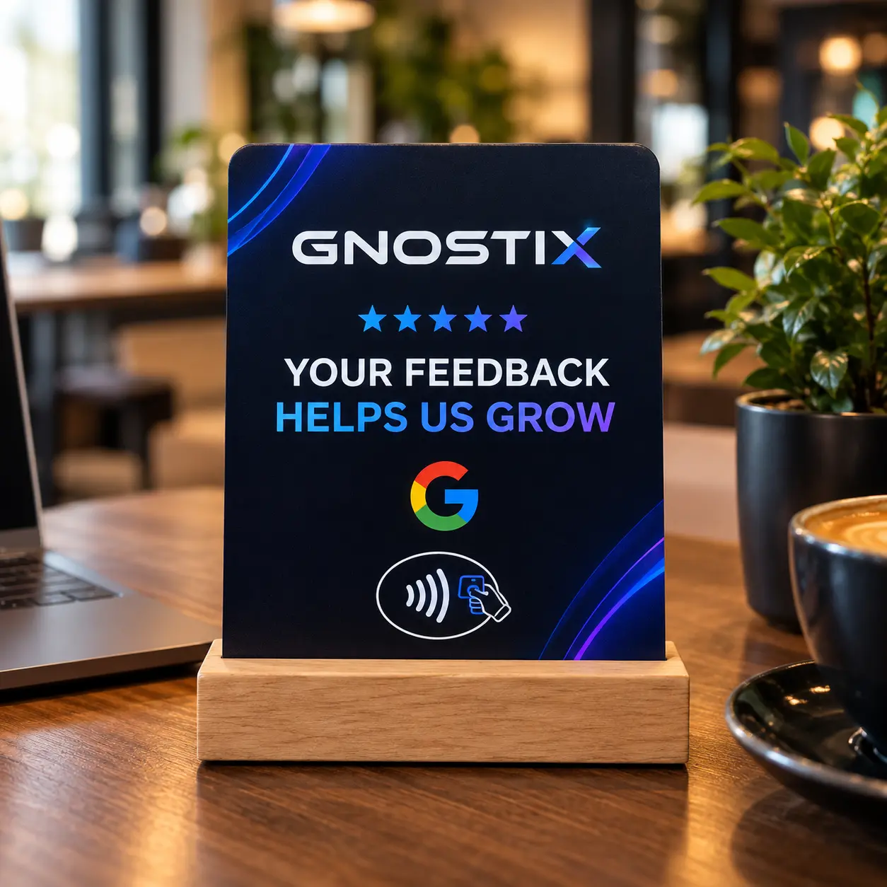 Custom-branded Google review NFC stand for Gnostix on a café table